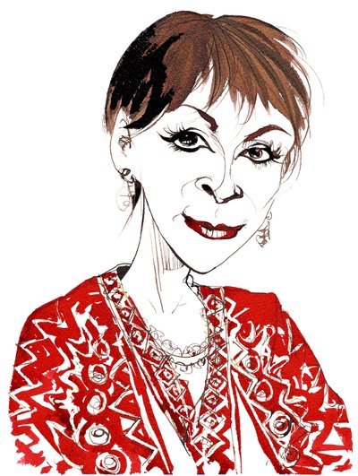 Isabel Allende, scrittrice cileno-americana di realismo magico nota per i suoi romanzi La casa degli spiriti (1982) e La città delle bestie (2002); caricatura da Neale Osborne